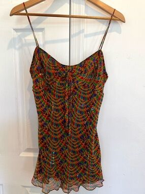 Vintage Y2K Women’s Multicolor 100% Silk Sequin Spaghetti Strap Boho Cami Size M